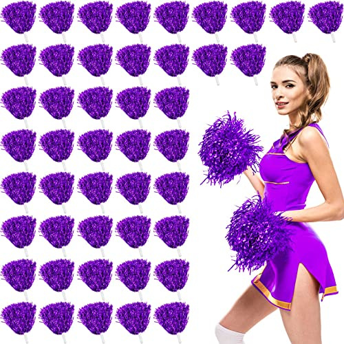 Jerify 60 Pcs Purple Cheerleading Pom Poms Bulk Metallic Foil Cheer Squad Spirited Pompoms with Baton Handle Plastic Cheering Pompom for Sports Football Basketball Cheering Team Spirit Dance Party