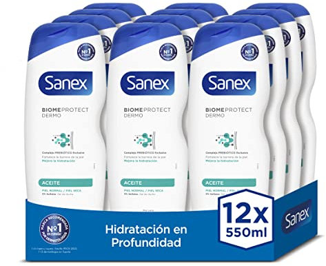 Sanex BiomeProtect Aceite Gel de Ducha, Pack 12 Uds x 550 ml, Gel de Baño con Fórmula que Fortalece el Microbioma de la Piel, 8H de Confort frente a la Sequedad, Hidratación Profunda, 0% Sulfatos