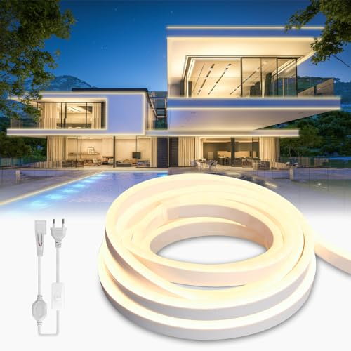 BRIMETI Neon LED Streifen 2M Aussenbereich, LED Strip Wasserdicht 230V Outdoor 120 LED/M Flexibler Lichtband für DIY Flexibel Lichtleiste mit Netzteil und Controller für Innen Heim Küche (Naturweiß)