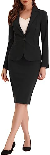 Allegra K Donna Completo in 2 Pezzi con Gonna Blazer Casual a Maniche Lunghe da Lavoro e Gonna a Tubino Nero S