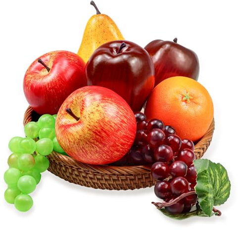 Ikosora 8 Pcs Fake Fruit Pack, Artificial Fruit Set for Decoration Home, Simulation Fruit Props for Party Decoration Kitchen Dining Table Display, Lifelike Faux Fruits Apple Grape Orange Pear