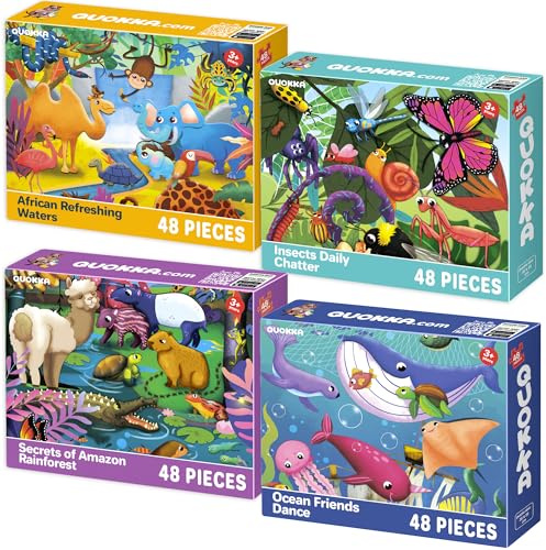 Rompecabezas para Niños Pequeños de 4 a 6 Años - 4 Rompecabezas 3 a 5 Años | Juego Educativo de 4x48 Piezas de Insectos, Animales Africanos, Amazónicos y Marinos de 4 a 6 - Juego para Niños de 4 a 8