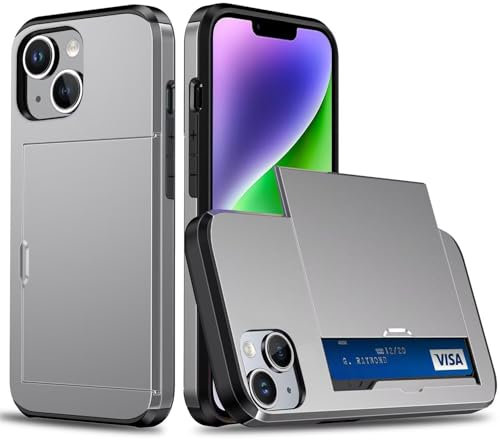 Beajew Coque Portefeuille pour iPhone 13/iPhone 14 avec Porte-Cartes, Étui de Protection Téléphone Double Couche Antichoc, Fente Cachée Coulissante, Antichoc TPU+PC Housse Portefeuille - Gris