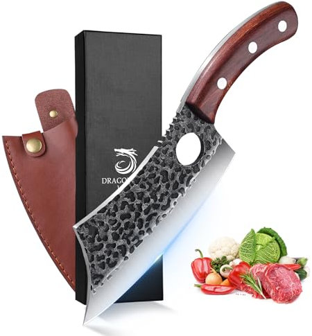 DRAGON RIOT Coltello Giapponese per Carne, Coltello da Cucina Forgiato a Mano, Coltello da Chef con fodero, Coltello da Carne Full Tang per La Cucina all'aperto