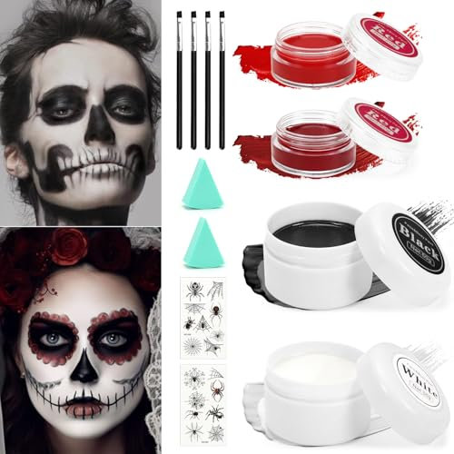 Trucchi Halloween bambini Adulti, Trucco Halloween Make Up, Halloween Trucco Bianco Nero Rosso per Viso Corpo, Impermeabile Truccabimbi Set per Halloween Carnevale Feste, Anallergici Non Tossico