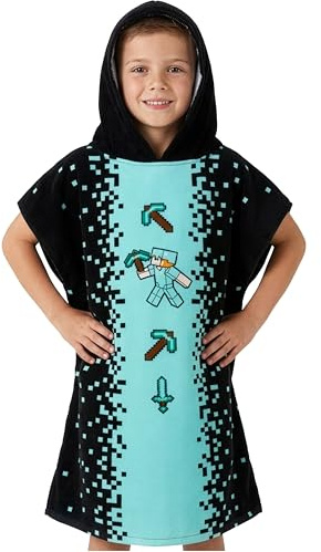 Minecraft Bath Towel with Hood for Kids and Teenagers Changing Robe Absorbent Creeper Poncho Towel for Swimming Bath Shower Beach Holiday Essentials (Black/Blue, 6-9 Years)
