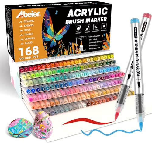 ABEIER 168 Farben Acrylstifte Set für Steine Wasserfest Brush Tip Acrylic Pens Set, Acrylmarker Schnelltrocknend und Ungiftig, Acrylstifte zum Bemalen für Stoff, Leinwand, Glas, Holz und Papier