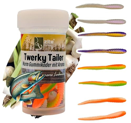 Zite Fishing Twerky Tailer Forellenköder Gummi | 3in1 Gummiköder Forelle | Made in Germany | Phthalatfrei | Knoblauch & Käse Aroma | Forellenangeln Köder & Spoons Alternative (Shiny Mix Knoblauch)