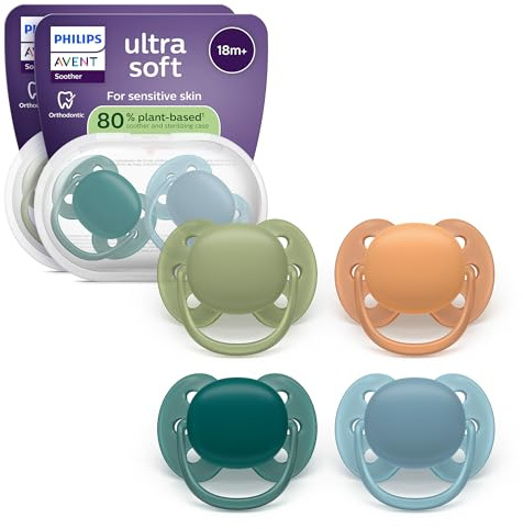Philips Avent ultra soft Schnuller – kiefergerecht geformtes Design, für Babys ab 18 Monaten, flexibles Saugerschild, extra fester, symmetrischer Silikonsauger, BPA-frei, 4er-Pack, SCF093/08