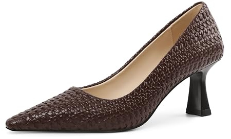 Mettesally Tacones Mujer Marron 6.5cm Kitten Zapatos Tacon Mujer de Piel con Detalle de Tejido Elegantes de Salón Comodos Vestir con Punta Fina para Oficina Día a Día y Eventos de Noche 35