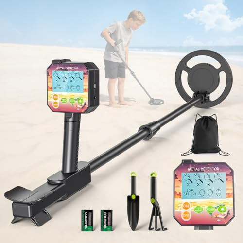 Detecteur Metaux Enfant, Detecteur de Metaux Enfant avec Tige Réglable, 2 Modes, écran LCD, Bobine de Recherche étanche, Haute Sensibilité Détecteurs de Métaux pour Enfants avec Sac Pelle Râteau