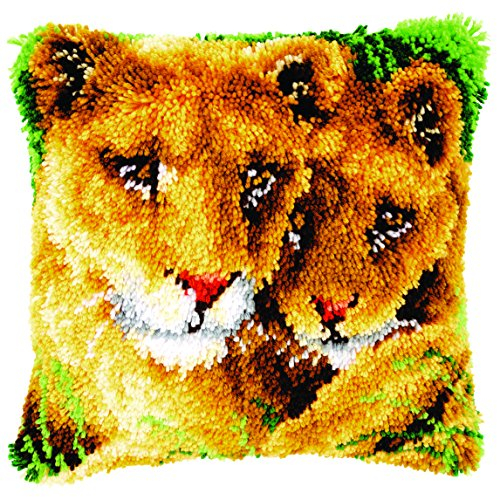 Vervaco Knüpfkissen Set Deko Kissenbezug Knüpfset für Anfänger LÖWIN MIT JUNGEM Basteln Erwachsene Kreativ DIY Handarbeit Kissen zum Selber Knüpfe 40 x 40 cm Latch Hook Kit Knüpfhaken Set Kissen