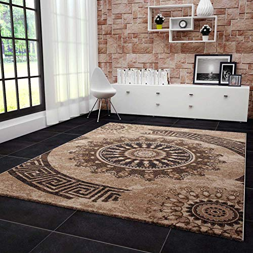 VIMODA Teppich kurzflor Klassisch Orient Design Vintage Mandala Dunkelbraun Braun Beige, für Wohnzimmer, Schlafzimmer, Maße:80 x 150 cm