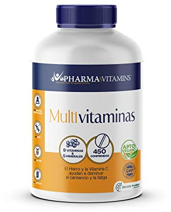 Pharma & Vitamins - Vitamina B12 y Ácido Fólico - 450 Comprimidos - Bote para 1 Año y 2 Meses - Vitamina C y Hierro - Para la Energía - Multivitaminas