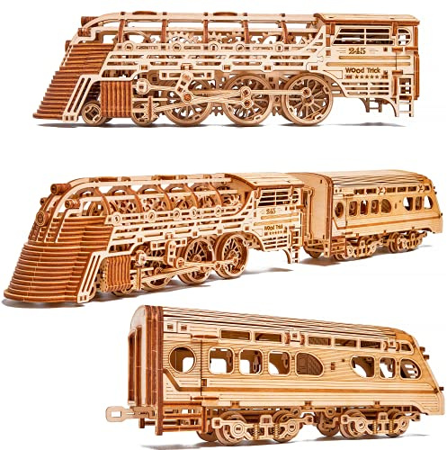 Wood Trick Atlantic Express Train 3D Holzpuzzles für Erwachsene und Kinder zum Bauen – 26,7 x 4 Zoll – Fährt bis zu 9 Fuß – Mechanischer Lokomotivmodellbausatz für Erwachsene und Kinder