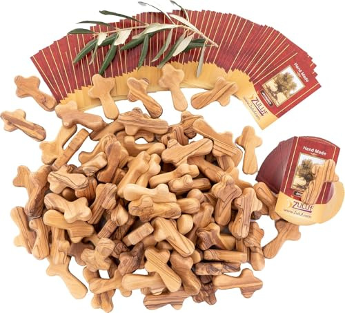 Zuluf 100 Small Olive Wood Comfort Crosses from Bethlehem Israel | Pocket Holding Crosses | Comes With 100 Holy Land Certificates 6cm / 2.5 Inch Each Cross - CRS301