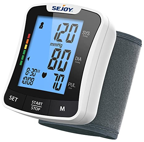 Sejoy Blood Pressure Machine Wrist, Blood Pressure Cuff Monitors, Bp Monitor Bp Cuff Automatic Wrist LCD Backlit Display, 120 Memories 5.3-8.5 Adjustable Cuff, Voice Broadcast Storage Bag Batteries