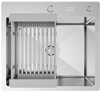ANW HOME Évier Cuisine 1 Bac, Évier Inox à Encastrer 50x45 cm, Profondeur 22 cm, Épaisseur 3.0+1 mm, Surface Nano-Coating, avec Siphon, Distributeur et Panier