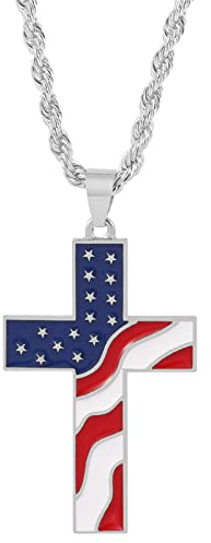Halskette für Damen Herren Modeschmuck Geschenke aus Stahl amerikanisches USA-Flaggenkreuz-religiöse Anhänger Halsketten-Kette für Männer Ketten Für Damen Silber