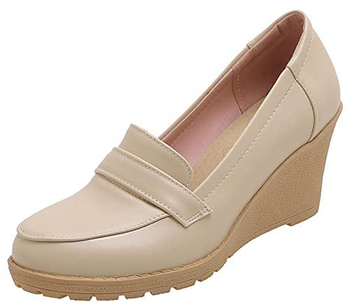 Femme Mocassins À Talon Compensé Bout Rond Escarpins Classiques A Enfiler Chaussures Habillées À Talons Hauts avec Plateforme, 579Gou Abricot Taille 39 EU