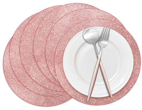 50 Pieces Rose Gold Glitter Paper Place Mats Sparkle 14'' Round Disposable Table Mats Rose Golden Doilies Decorative Placemats for Wedding Banquet Party Home Dining Table Decor
