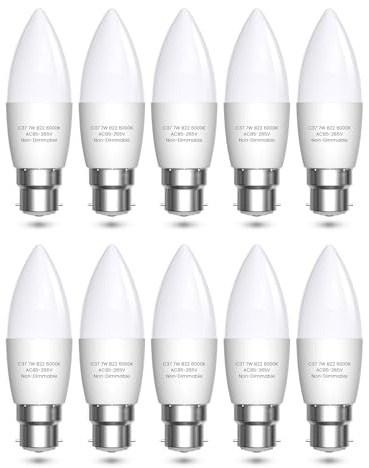 Bonlux 10 lampadine a candela a LED B22 a baionetta equivalente a 60 W, lampadina a baionetta da 7 W, lampadina a candela B22, luce bianca calda 3000 K, per lampadario, lampadine a risparmio