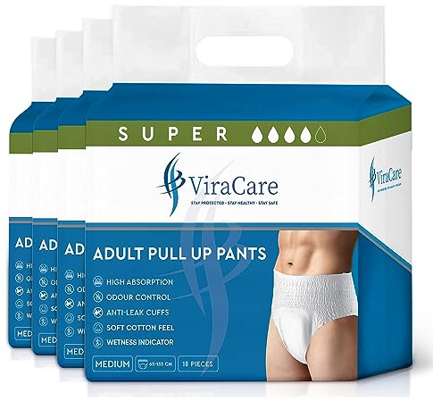 40 x Incontinence Pants Men & Women | with Wetness Indicator & Soft-Stretch Waistband | Adult Nappies | Waist Size Medium 65-135 cm | Adult Diapers |(4 Packs of 10) (Medium)