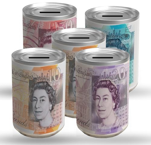 SHARRLA 5PCS MONEY TIN BOX Sterling Bank Note -TIN Piggy Bank, Coin Tin, Cash Tin, Savings Tin, Money Can, Birthday Money, Holiday & Christmas Fund (5PCS Medium Random)