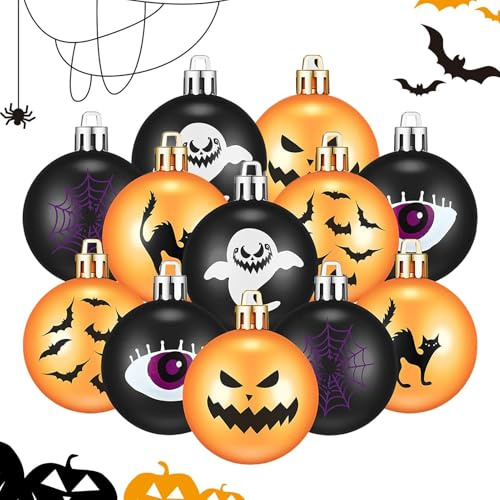 Halloween-trädprydnader, halloween prydnadsbollar, läskig dekorativ boll | okrossbara dekorationsbollar, 12 stycken, hemsökta husdekorationer