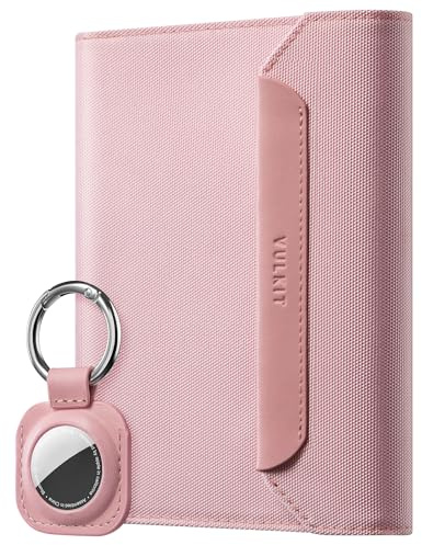 VULKIT Funda Pasaporte con Porte Airtag Desmontable, Porta Pasaporte y Tarjetas de Cuero Vegano para Viajes, Rosado