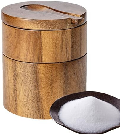 Caja de sal de madera, contenedor de sal de madera, caja de contenedores de sal marina, cuchara integrada, cuenco de sal, soporte de sal de cocina, soporte de sal para condimentos de pimienta,