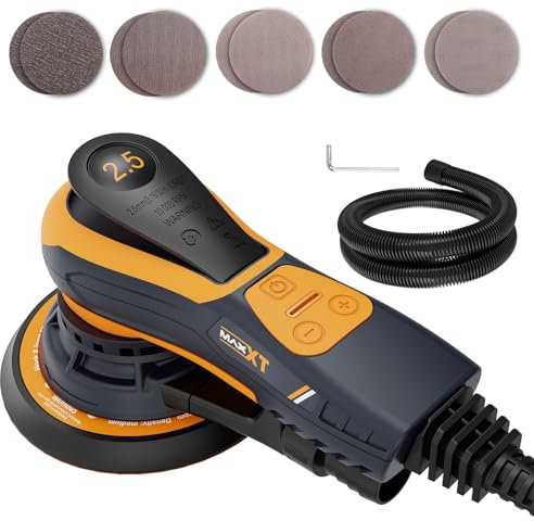 MAXXT Lijadora orbital aleatoria 2,5 mm sin escobillas 350W, Lijadora electrica 150mm 4000-10000RPM(6 velocidades) Freno automático-2s, Conexión de tres cables y 10 hojas de papel de lija, Cable 5M