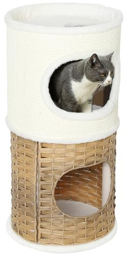 PawHut Kratztonne 80 cm Hoch Ø 40 cm dreistöckige Katzentonne mit Plüschrand, Katzenhöhle, Kratzbaum für mittelgroße Katzen, Cremeweiß+Braun