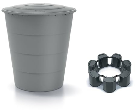 Kreher® Barril de lluvia XXL 'Smooth' 510L con tapa y base (opcional). De plástico en antracita/gris. Aspecto discreto en formato redondo, atemporal y moderno. (gris, con tapa y monobloque)