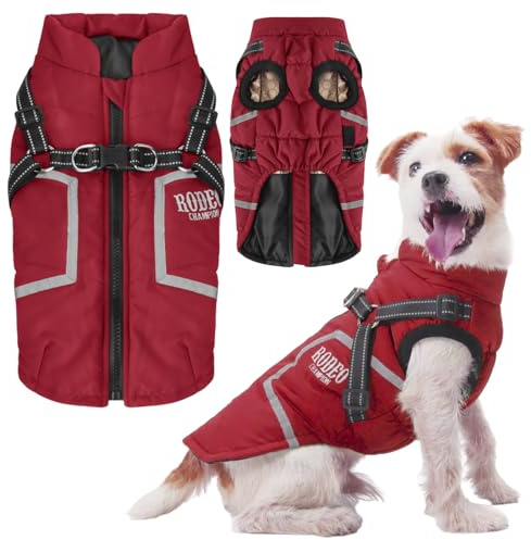 TOPSOSO Abrigo para perros con arnés, resistente al agua, abrigos para perros, ropa de invierno para perros, chaqueta para perros con cremallera, reflectores para clima frío, nieve y lluvia al aire