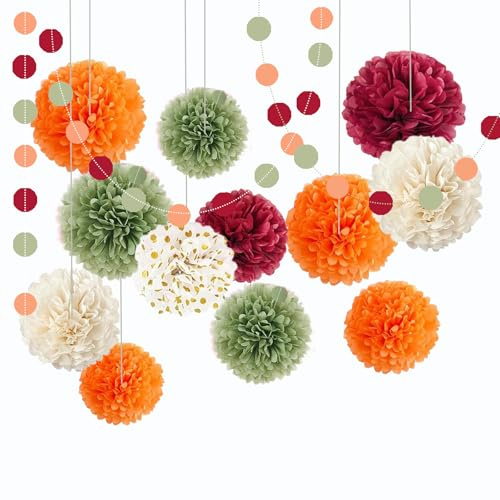 ROEOWENE 15PCS Pompones de Papel de Seda Pompones de Flores Bola Nido de Abeja Guirnaldas Cumpleaños Bolas de Panal Abanicos de Papel para Colgar Pompones Decoracion Fiesta para Carnaval-Naranja