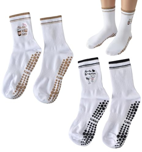 Alyxen 2 Pairs of Yoga Stopper Socks for Women, Pilates Non-Slip Grip Socks, Cotton Fitness Training Socks for Yoga, Pilates, Sports, Dance