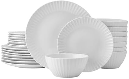 Pfaltzgraff Fluted Grace 24 Piece Porcelain Plate and Bowl Dinnerware Set, Service for 8, Fluted Design, Durable for Everyday Use, White