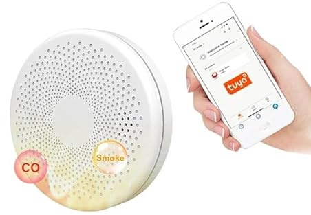 Detector de Humo y Alarma 2 en 1 con WiFi, Tuya Smart Co Sensor Sonido PIR for salón, Cocina, Tienda monóxido Carbono