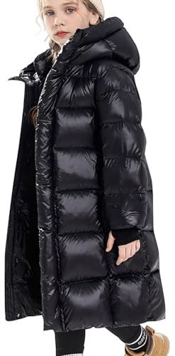 Abrigo largo ligero de invierno para niña, acolchado, cálido, con capucha, hasta la rodilla, aislante, impermeable, Negro, 13-14 años