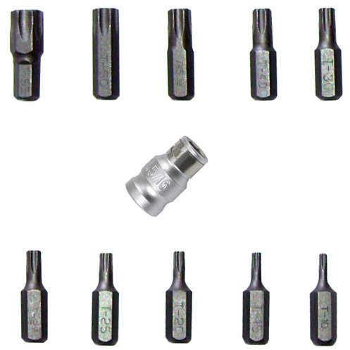 Alkan Schrauberbit Satz für Außen Torx Schrauben 8 mm Schaft T-Profil T10 T15 T20 T25 T27 T30 T40 T45 T50 T55 inkl. Aufnahme Adapter für Bits mit 3/8 Zoll-Antrieb, 11-tlg.