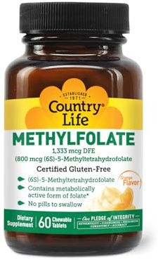 Country Life Methylfolate Chewable Tablets - Metabolically Active Folate - Great Tasting Orange Flavor - Gluten-Free - Smooth Melts - Vegan B12 - Women's Vitamins - Daily Supplement - 60 Tablets