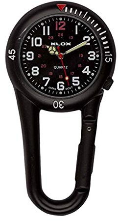 Klox schwarze Metall-Taschenuhr mit Karabinerbefestigung, schwarzes Zifferblatt, für Notdienst, Arzt, Krankenschwester, Unisex