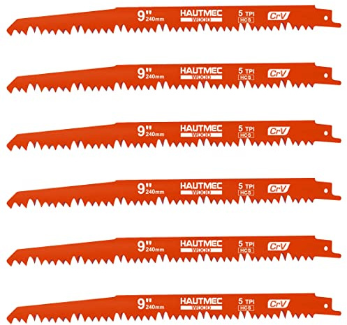 HAUTMEC 240mm 5 TPI Wood Pruning Saw Blades for Reciprocating/Sawzall Saws/Sabre Saws - 6 Pc Wood Cutting Set HT0167-UK