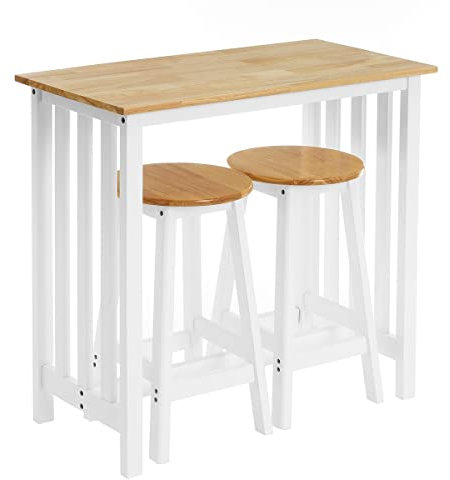 LOLAhome Set de Mesa y 2 taburetes de Madera Maciza y MDF en Blanco y Natural