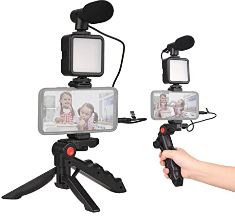 Andoer Kit de video para teléfono, luz LED cardioide + micrófono + clip extensible + trípode con brillo ajustable para vlog y transmisión en vivo