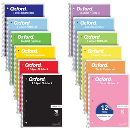 Oxford Spiral Notebooks, 12 Count Bulk Pack, 1 Subject, College Ruled Notebooks for School, 8 x 10.5 Inches, 70 Sheets, Assorted Colors, Back to School Supplies (65205)