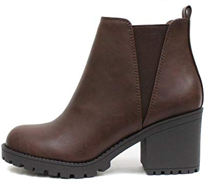 Soda ORIGAMI ~ WOMEN LUG SOLE MID HEEL FASHION ANKLE BOOTIE W/DOUBLE ELASTIC GORE (8, Brown, numeric_8)
