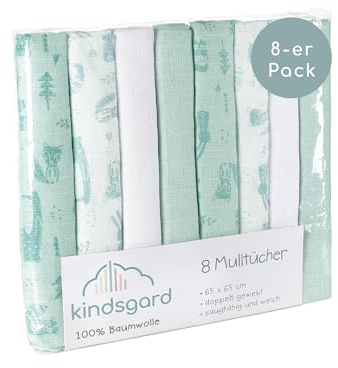 Kindsgard Mullwindeln – Oliv – 8er-Pack aus 100% Baumwolle – extra saugfähig, weich & atmungsaktiv – Spucktücher & Alltagshelfer – Unisex Baby Basics – ideal für Neugeborene & unterwegs (8er Mint)