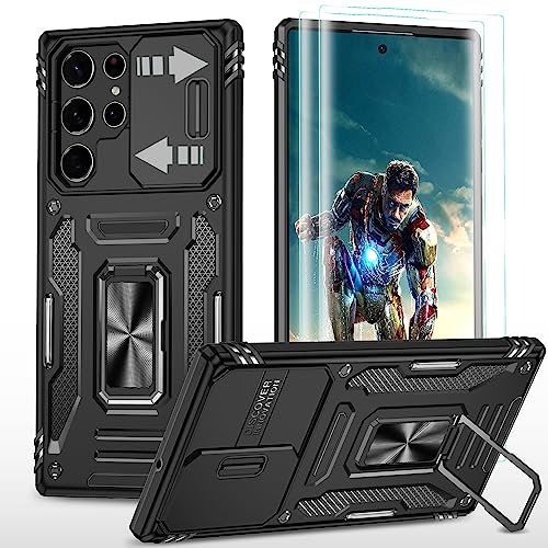 YmhxcY For Samsung Galaxy S22 Ultra Case,With 2*PET Screen Protector, With Slide Camera Cover，Military Grade Protective Case,360° Rotate Metal Stand For Samsung Galaxy S22 Ultra 6.8''-Black